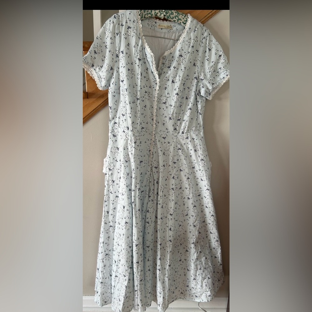 eShakti Cotton Dress NWOT Aqua blue floral, loop trim
maxi lined 18w 1x pockets
